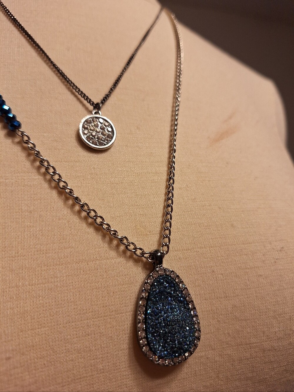 Kenneth Cole Silver Tone Double Strand Necklace with Blue Teardrop Pendant